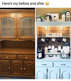 two pictures side by side one has coffee maker and the other has wooden cabinets with glass doors