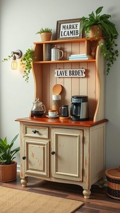 an old wooden cabinet with plants and coffee maker on it's shelf in a living room