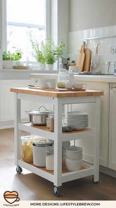 a kitchen island with plates and bowls on it