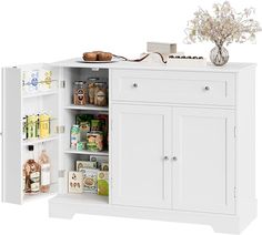 an open cabinet with food and drinks on it's doors, in front of a white background